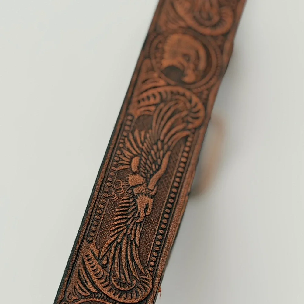 Vintage Western Brown Tooled Leather Belt Eagle Phoenix Embossed Silver Buckle